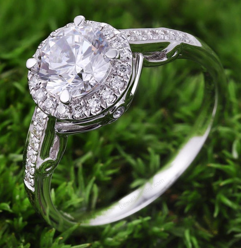 1/2 CT 925 Sterling Silver Round Cut Diamond Halo Women Anniversary Ring