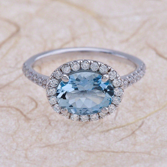 2 CT 925 Sterling Silver Aquamarine Oval Cut Diamond Engagement Halo Ring