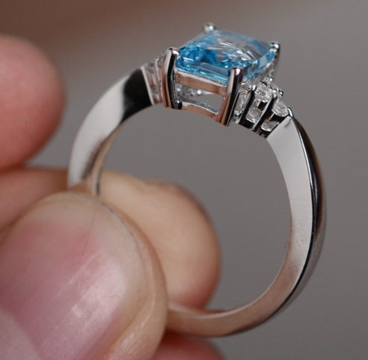 1 CT Emerald Cut Blue Topaz Diamond 925 Sterling Silver Women Anniversary Promise Ring