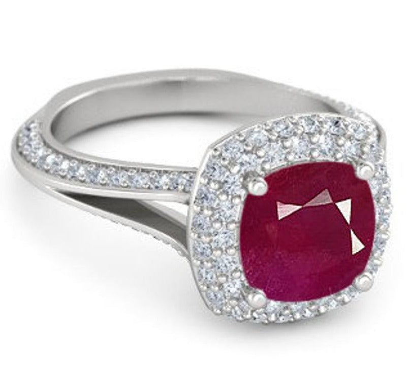 2 CT Cushion Cut Red Ruby Diamond 925 Sterling Silver Women Anniversary Halo Ring