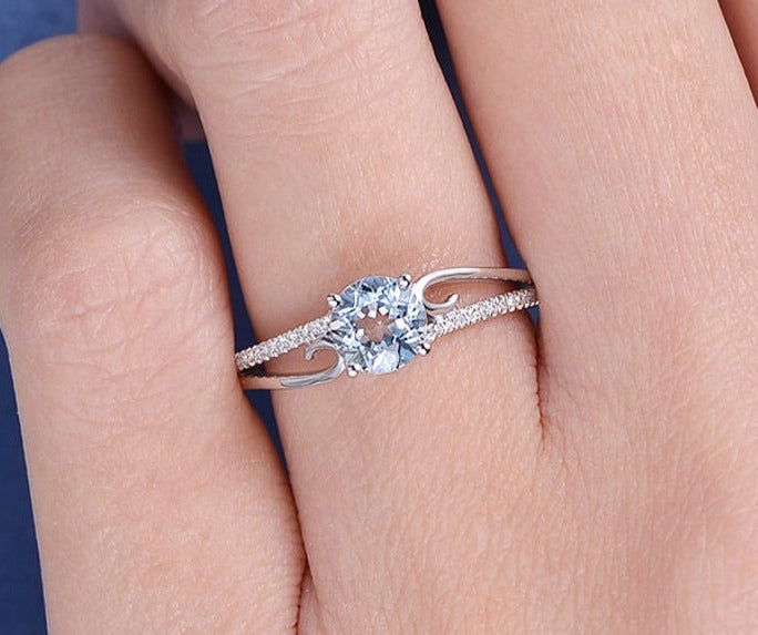 1 CT 925 Sterling Silver Aquamarine Round Cut Diamond Engagement Women Ring