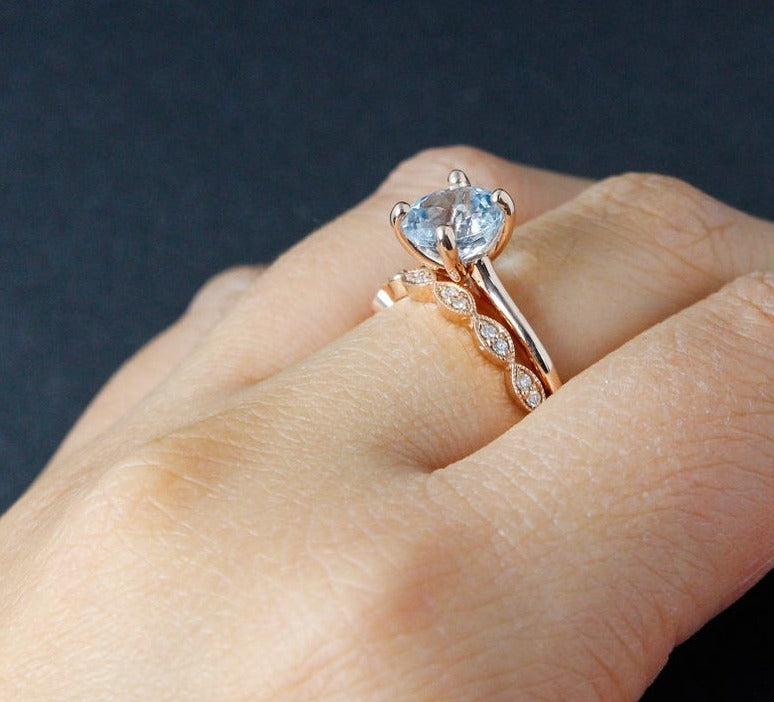 1 CT Round Cut Aquamarine Diamond 925 Sterling Silver Bridal Ring set