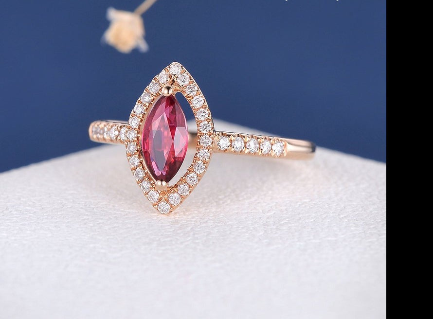 1.50 Ct Marquise Cut Red Ruby Rose Gold Over On 925 Sterling Silver Halo Anniversary Gift Ring