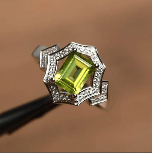 4.00 Ct Emerald Cut Green Peridot Halo Engagement Wedding Ring 925 Sterling Silver