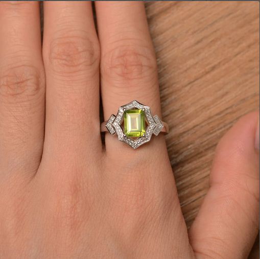 4.00 Ct Emerald Cut Green Peridot Halo Engagement Wedding Ring 925 Sterling Silver