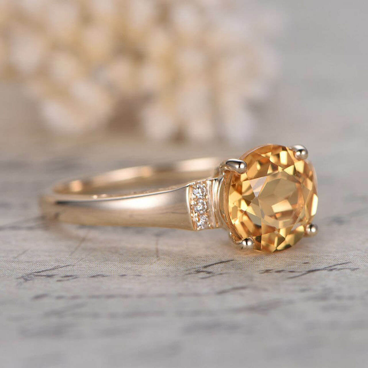 2.10 Ct Round Cut Yellow Citrine & White CZ 925 Sterling Silver Solitaire W/Accents Engagement Ring