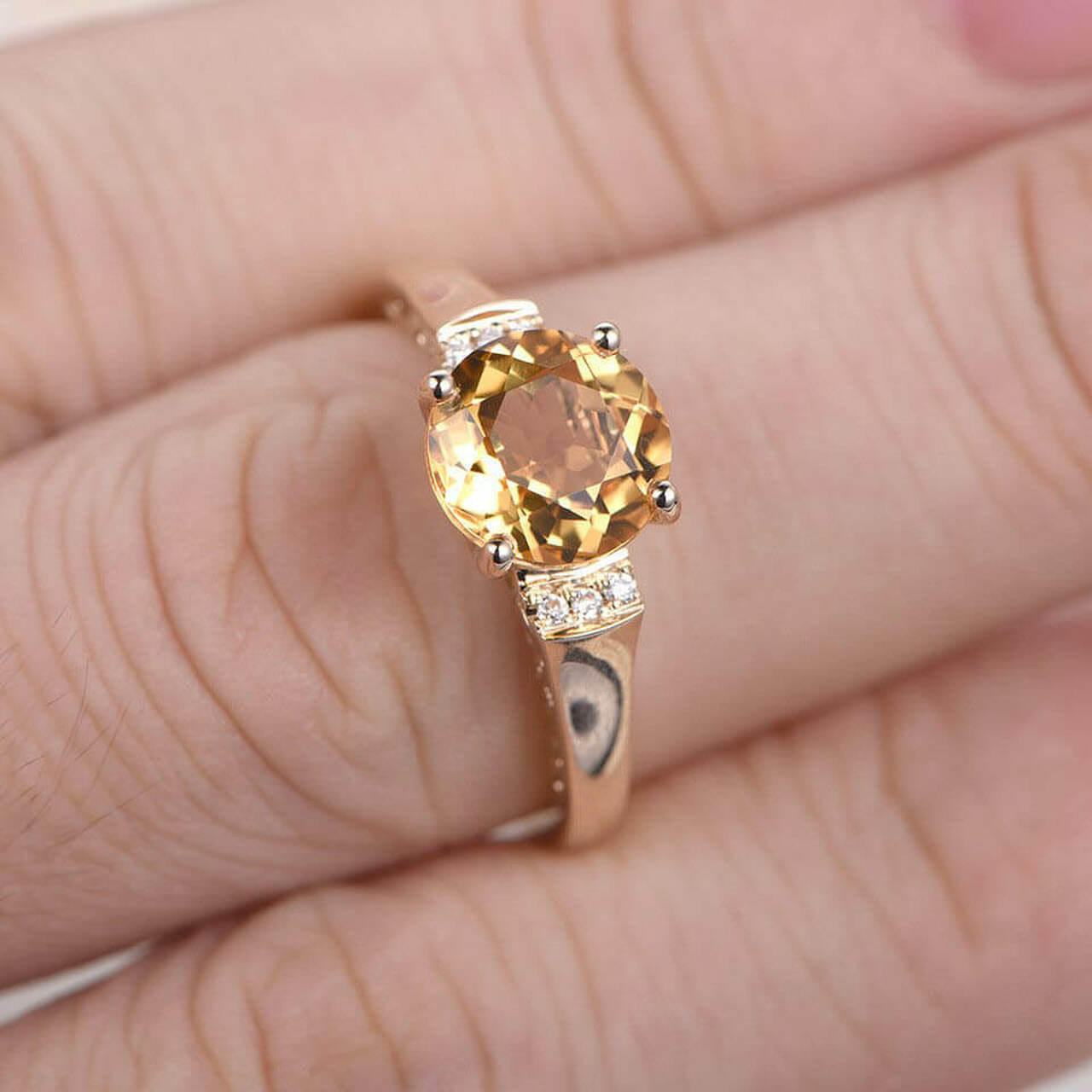 2.10 Ct Round Cut Yellow Citrine & White CZ 925 Sterling Silver Solitaire W/Accents Engagement Ring