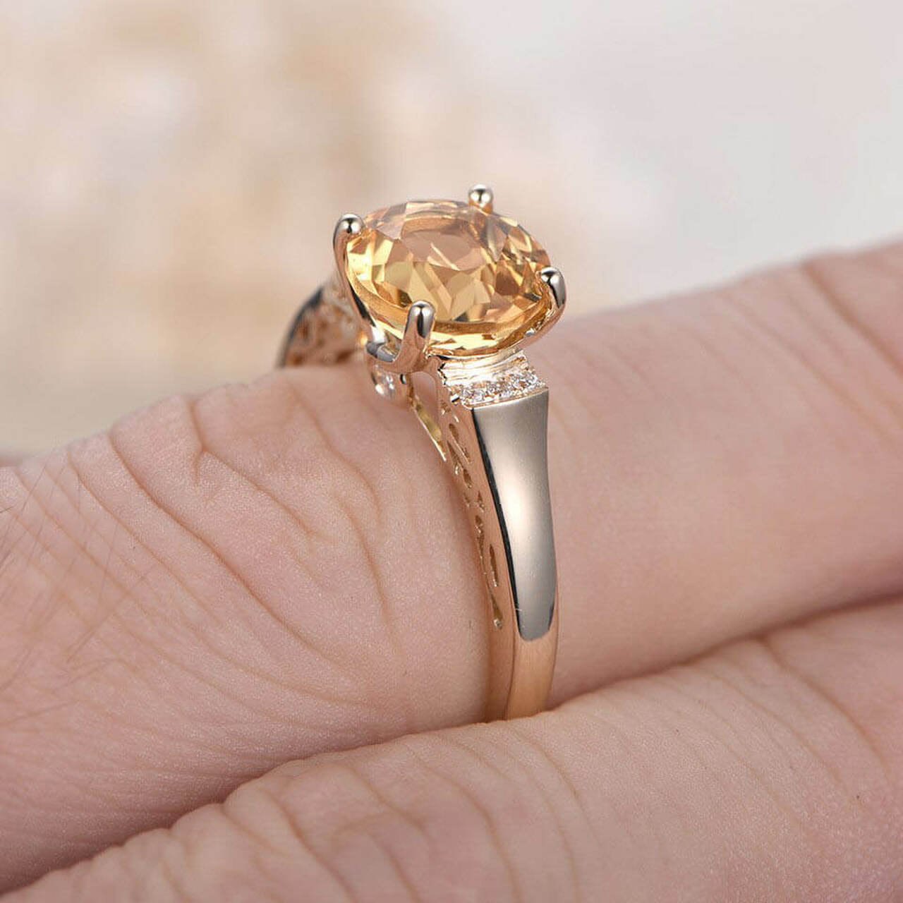 2.10 Ct Round Cut Yellow Citrine & White CZ 925 Sterling Silver Solitaire W/Accents Engagement Ring