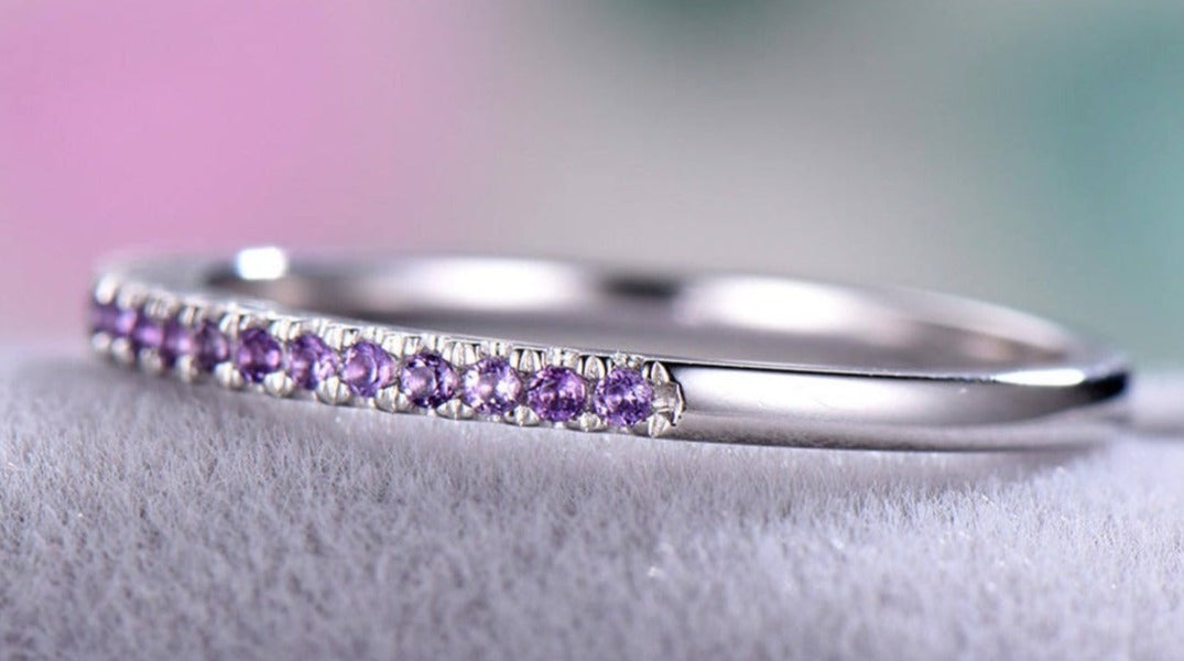 0.50 CT 925 Sterling Silver Purple Amethyst Round Cut Wedding Band Ring