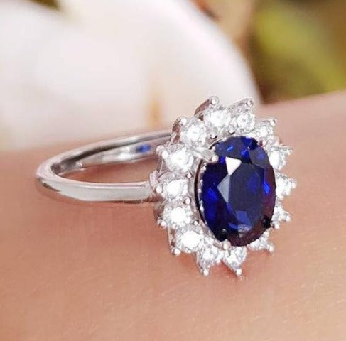 2 CT Oval Cut Blue Sapphire Diamond 925 Sterling Silver Halo Engagement Ring