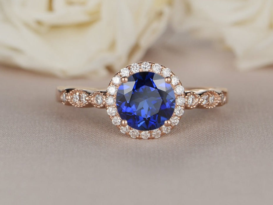 1 CT 925 Sterling Silver Sapphire Round Cut Diamond Engagement Halo Ring