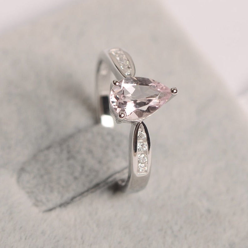 1.20 Ct Pear Cut Pink Morganite 925 Sterling Silver Solitaire W/Accents Engagement Ring