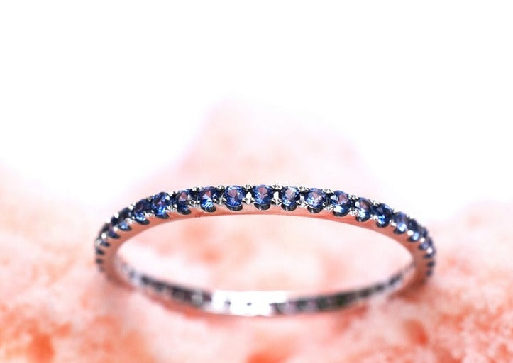 1 CT Round Cut Blue Sapphire Diamond Half Eternity Wedding Band Ring