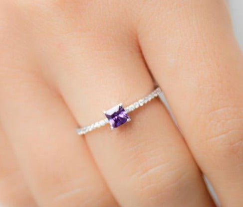 0.50 CT 925 Sterling Silver Amethyst Princess Cut Diamond Anniversary Ring