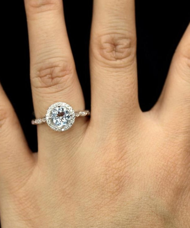 1 CT Round Cut Aquamarine Diamond 925 Sterling Silver Halo Promise Ring