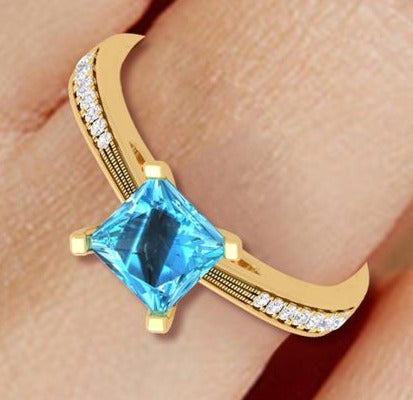 1 CT Princess Cut Blue Topaz Diamond Yellow Gold Over 925 Sterling Sliver Women Anniversary Promise Ring