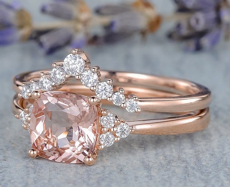 2.20 Ct Cushion Cut Morganite Rose Gold Over On 925 Sterling Silver Bridal Engagement Ring Set