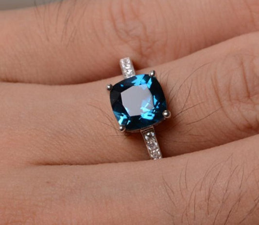 2 CT Cushion Cut London Blue Topaz Diamond 925 Sterling Silver Women Engagement Halo Ring