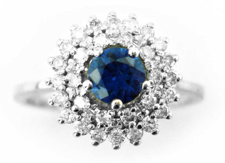 1 CT 925 Sterling Silver Blue Sapphire Round Cut Diamond Engagement Halo Ring