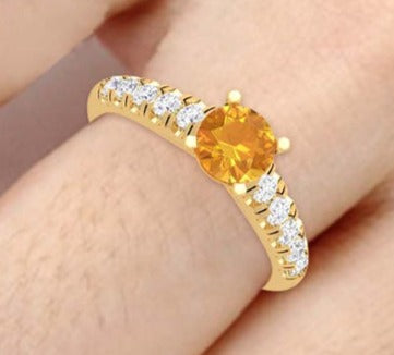 1 CT Round Cut Yellow Citrine Diamond Yellow Gold Over 925 Sterling Silver Women Engagement Ring Birthday Gift For
