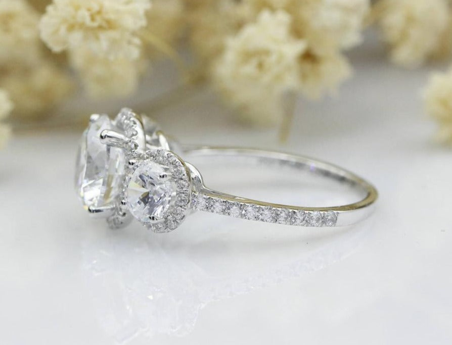 3 CT 925 Sterling Silver 3 Stone Round Cut Diamond Halo Engagement Ring