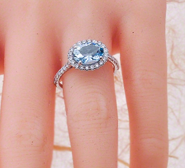 2 CT 925 Sterling Silver Aquamarine Oval Cut Diamond Engagement Halo Ring