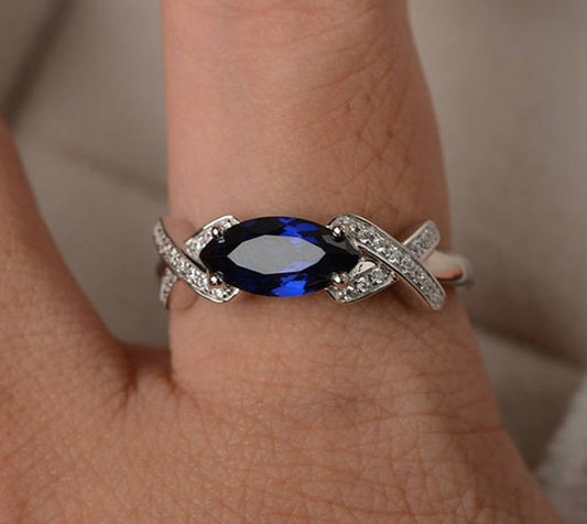 2 CT Marquise Cut Blue Sapphire Diamond 925 Sterling Silver Women Anniversary Ring