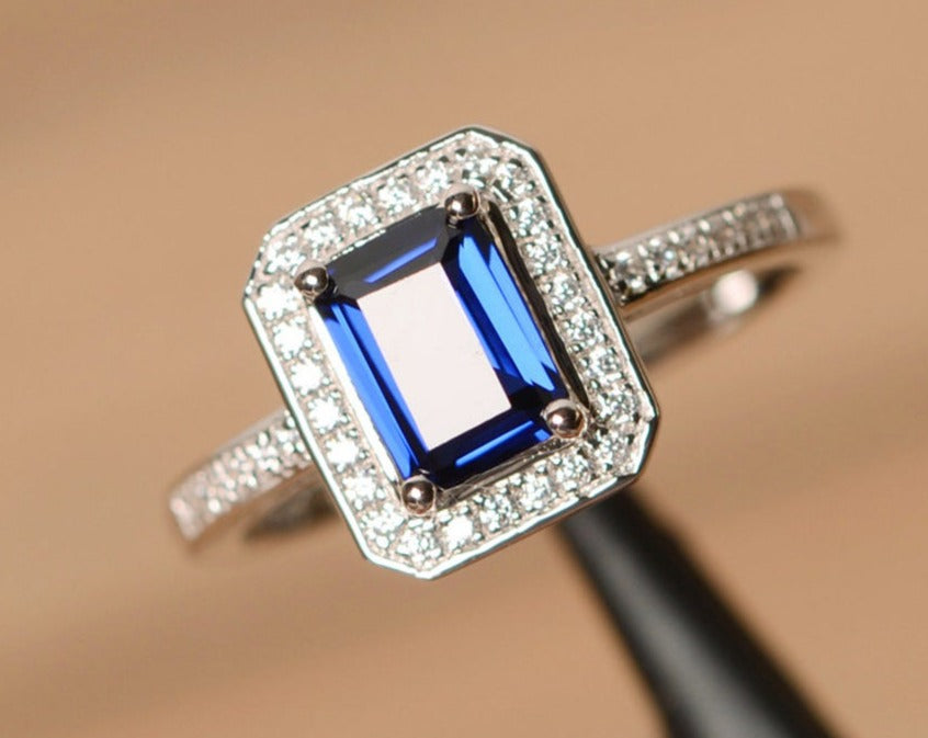 1 CT Emerald Cut Sapphire Diamond 925 Sterling Silver Anniversary Halo Ring