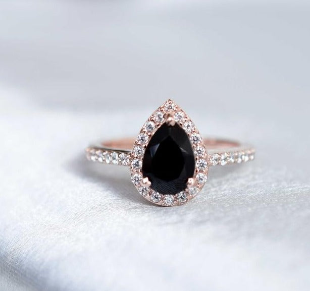 2 CT 925 Sterling Silver Pear Cut Black Cubic Zirconia Diamond Anniversary Halo Ring
