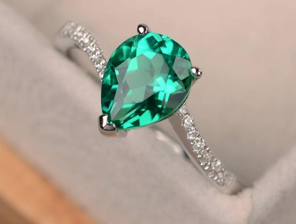 2 CT Pear Cut Green Emerald Diamond 925 Sterling Silver Women Anniversary Halo Ring