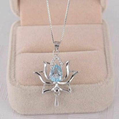 1.20 Ct Pear Cut Aquamarine Elegant Lotus Pendant In 925 Sterling Silver