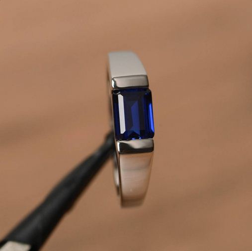 1.00 Ct Emerald Cut Blue Sapphire 925 Sterling Silver Bezel Set Ring