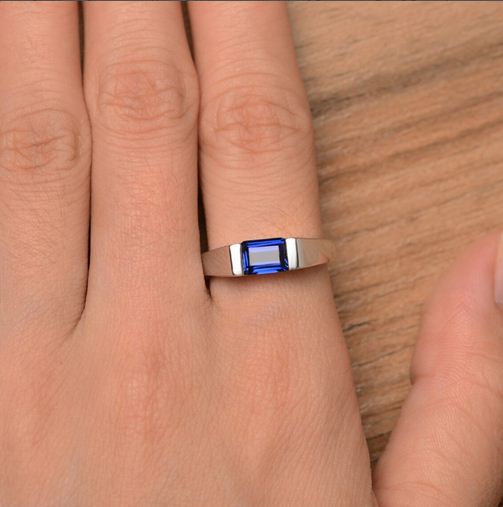 1.00 Ct Emerald Cut Blue Sapphire 925 Sterling Silver Bezel Set Ring