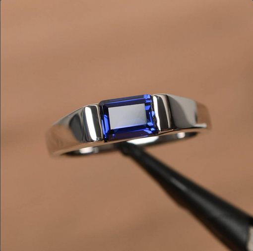 1.00 Ct Emerald Cut Blue Sapphire 925 Sterling Silver Bezel Set Ring