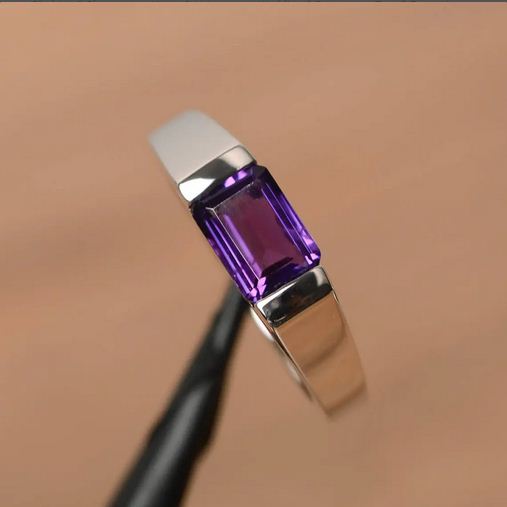 1.00 Ct Emerald Cut Purple Amethyst Solitaire Feb Birthstone Ring 925 Sterling Silver - atjewels.in