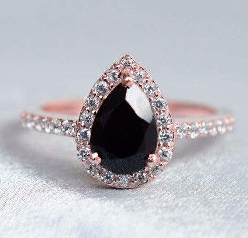 2 CT 925 Sterling Silver Pear Cut Black Cubic Zirconia Diamond Anniversary Halo Ring