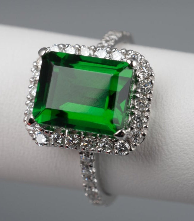 3 CT Emerald Cut Emerald Green Diamond 925 Sterling Silver Halo Unisex Engagement Ring