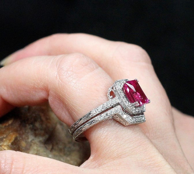 1 CT Princess Cut Pink Sapphire Diamond 925 Sterling Silver Wedding Band Ring Set