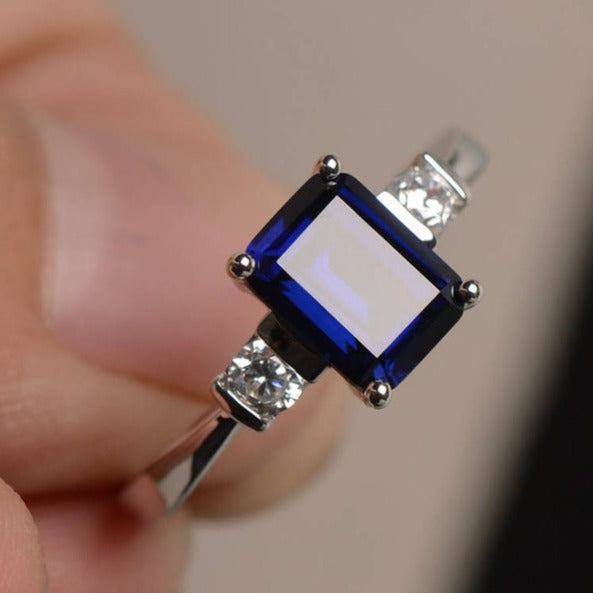 1 CT 925  Sterling Silver Blue Sapphire Emerald Cut Diamond Promise Ring