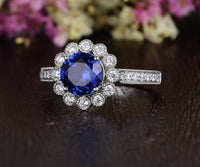 1 CT Round Cut Blue Sapphire Diamond 925 Sterling Silver Halo Flower Engagement Ring