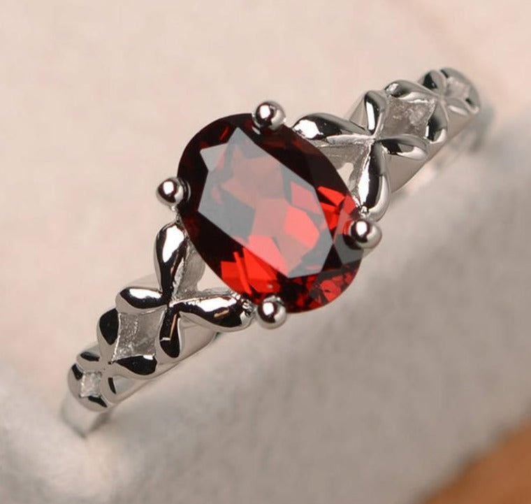 1 CT Oval Cut Red Garnet 925 Sterling Silver Women Engagement Solitaire Ring Gift For Her