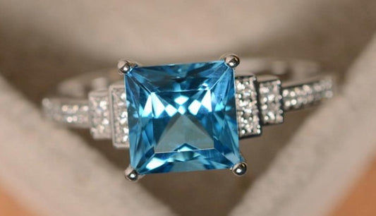 1 CT Princess Cut Blue Topaz Diamond 925 Sterling Sliver Women Engagement Promise Ring