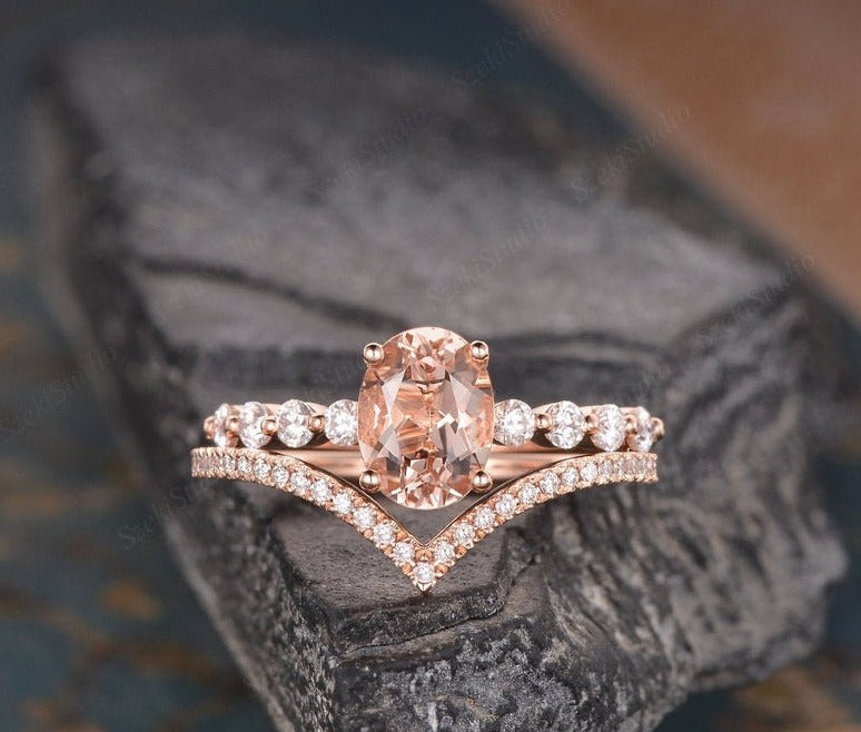 2 CT Oval Cut Morganite Diamond 925 Sterling Silver Halo Engagement Ring Set