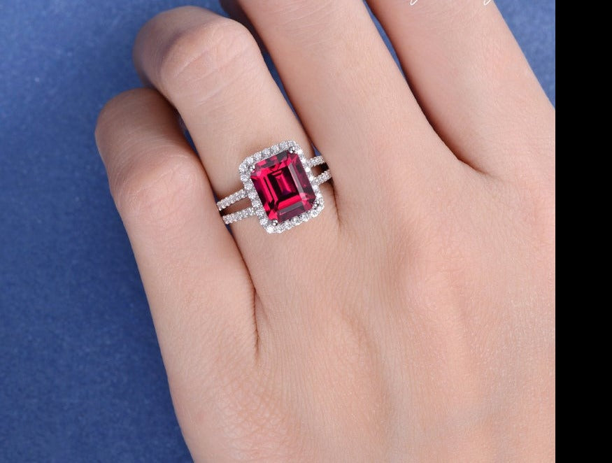 2.50 Ct Emerald Cut Red Ruby Split Shank Halo Engagement Ring In 925 Sterling Silver
