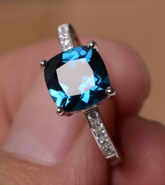 2 CT Cushion Cut London Blue Topaz Diamond 925 Sterling Silver Women Engagement Halo Ring
