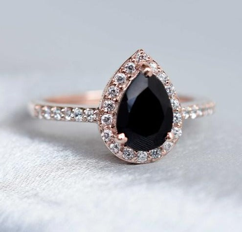 2 CT 925 Sterling Silver Pear Cut Black Cubic Zirconia Diamond Anniversary Halo Ring