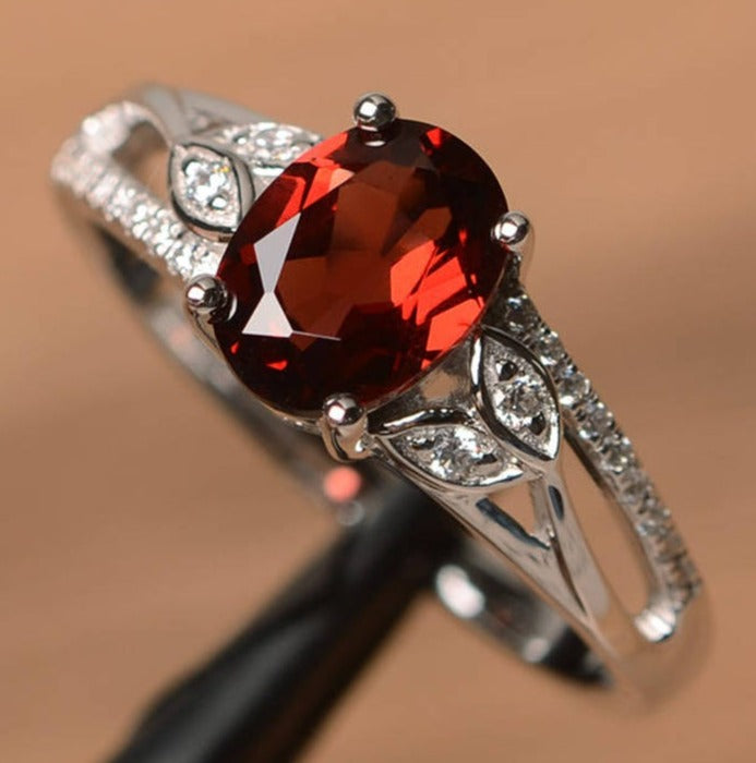 2 CT 925 Sterling Silver Red Ruby Oval Cut Diamond Women Engagement Ring