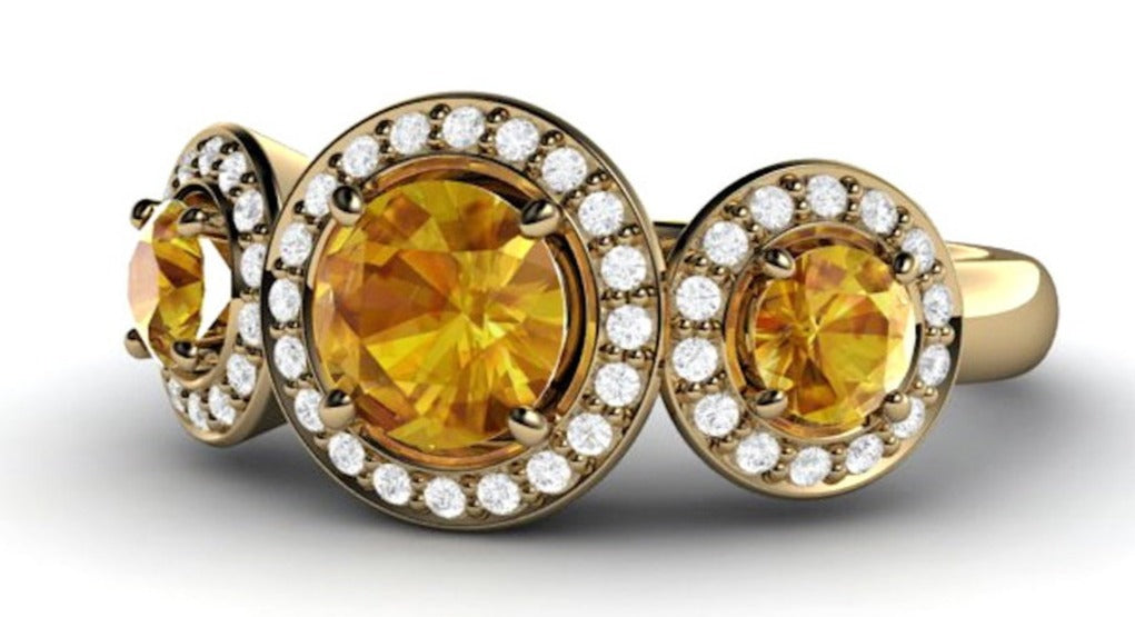 2 CT Round Cut Yellow Citrine  3 Stone Diamond Yellow Gold Over 925 Sterling Sliver Women Anniversary Halo Ring