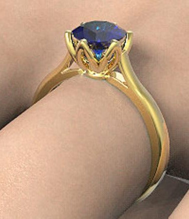 2 CT Round Cut Blue Sapphire Yellow Gold Over 925 Sterling Sliver Women Wedding Solitaire Promise Ring