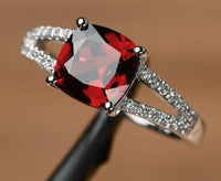 2 CT Cushion Cut Red Garnet Diamond 925 Sterling Silver Unisex Engagement Halo Ring